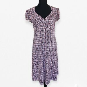 Leota Purple Cap Sleeve V-Neck sweetheart Geo pattern Midi Dress S - made in NY